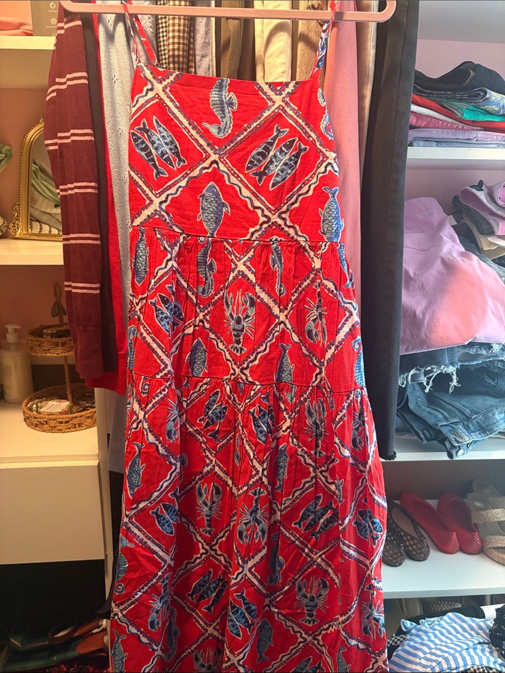 J. Crew Red Maxi Skirt with Blue Nautical Print